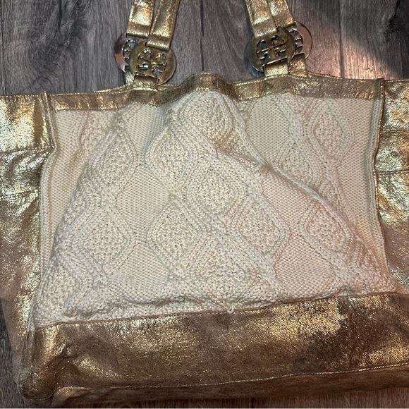 TORY BURCH Tote Bag Cable Knit METALLIC GOLD TRIM Wool Silk Lining Horse READ! - Picture 8 of 16